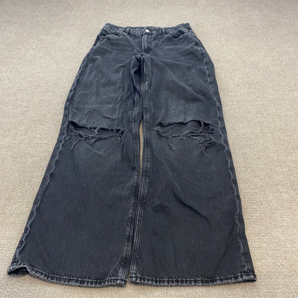 American Eagle Wide Leg Jeans Womens 8 Long Black High Rise Distressed Boho